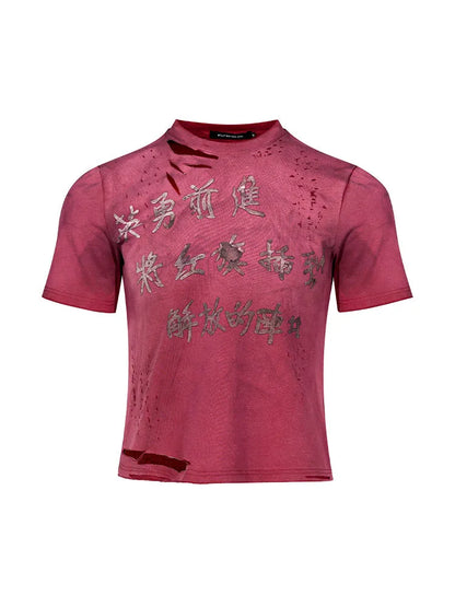Red men's slim-fit T-shirt with dirty wash distressed styling and round neck collar