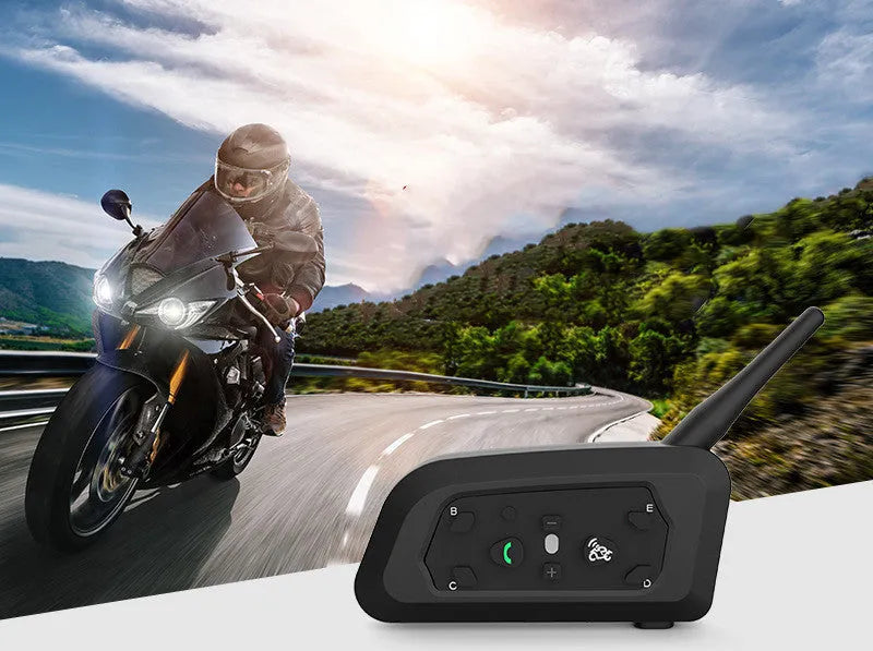 V6 Pro motorcycle Bluetooth intercom unit with headset and mounting kit on a helmet.