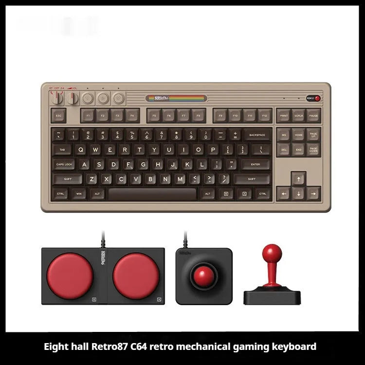 Retro mechanical gaming keyboard wireless Bluetooth with rocker for Windows 10/11 and Android, featuring ABS plastic construction and compact 376.6x169.6x46.8mm dimensions in classic C64 design style