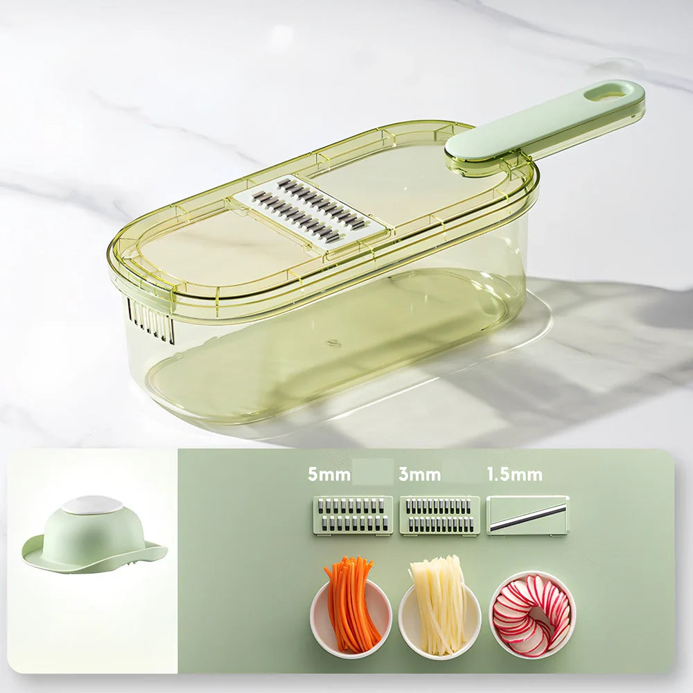 Shredded vegetable slicer with stainless steel blades on green cutting board