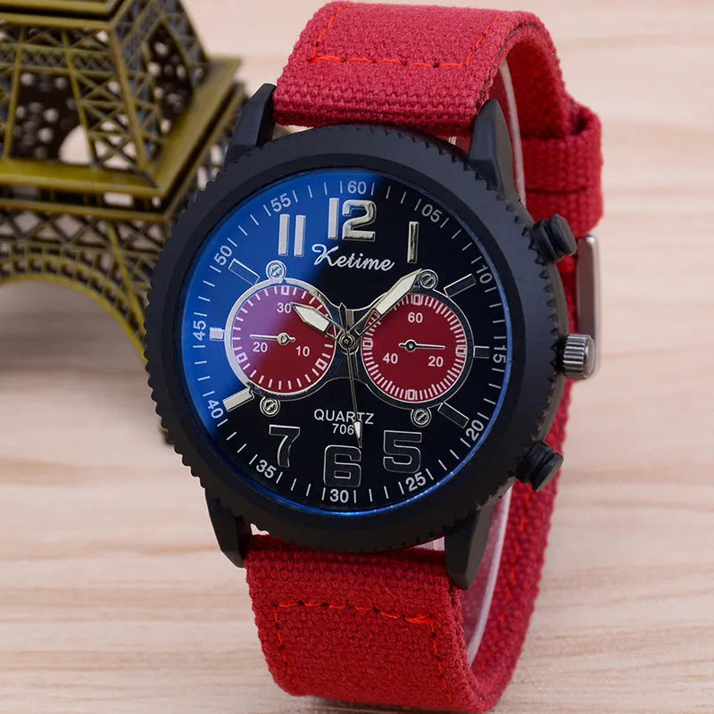 Men's fashion wristwatch with cloth band, 48mm dial, and zinc alloy case