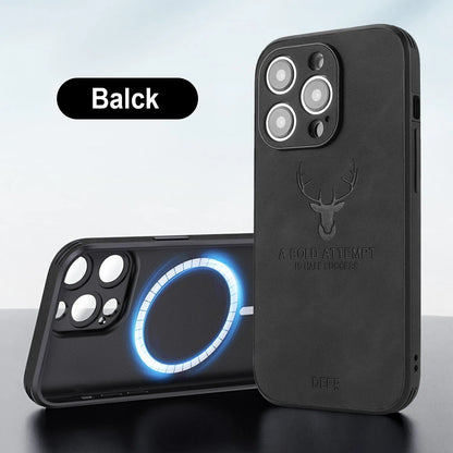 iPhone 16 magnetic charging case with a raised 3D embossed moose head pattern on a faux leather back in dark green.