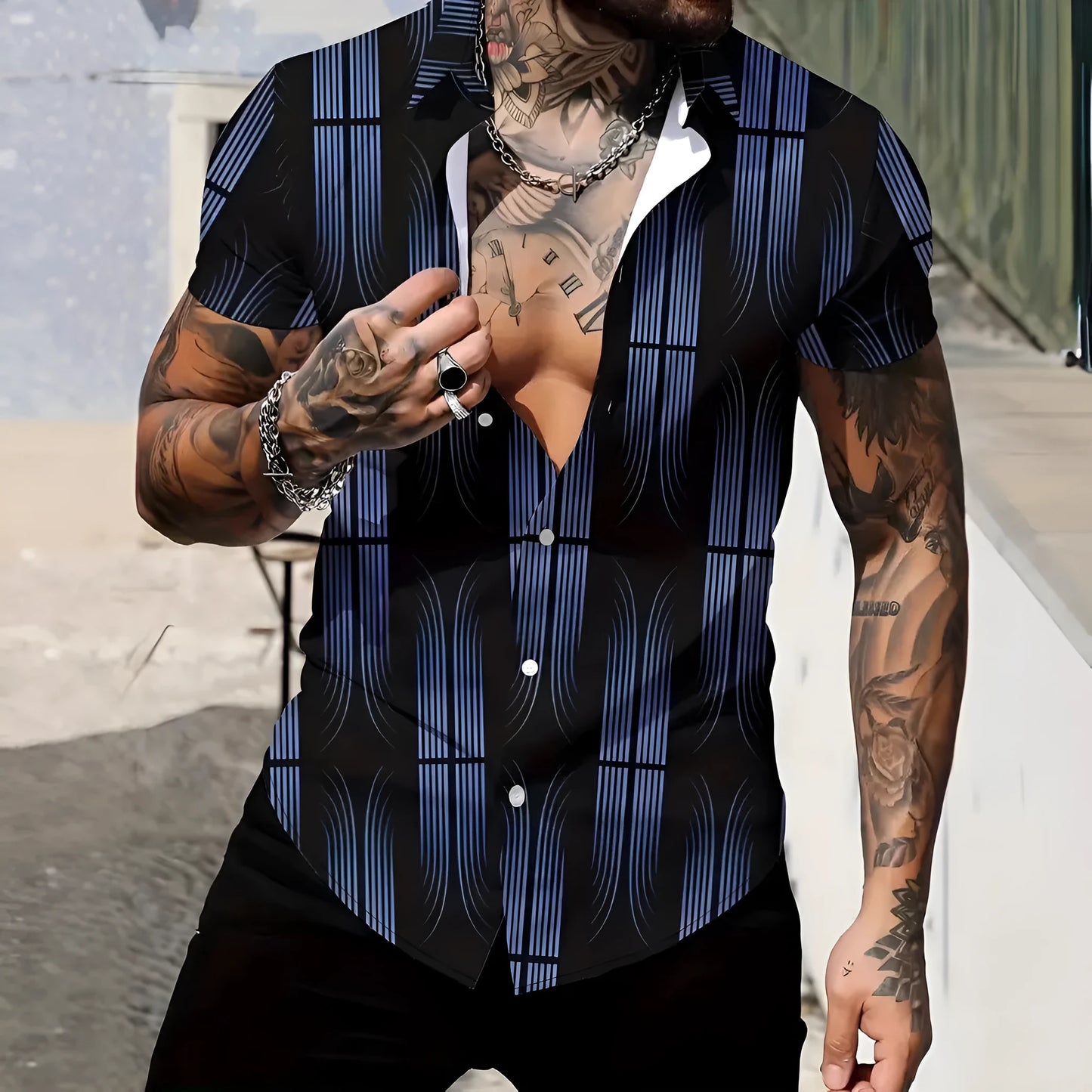 Men's geometric line printed short sleeve shirt with lapel collar in slim fit styling