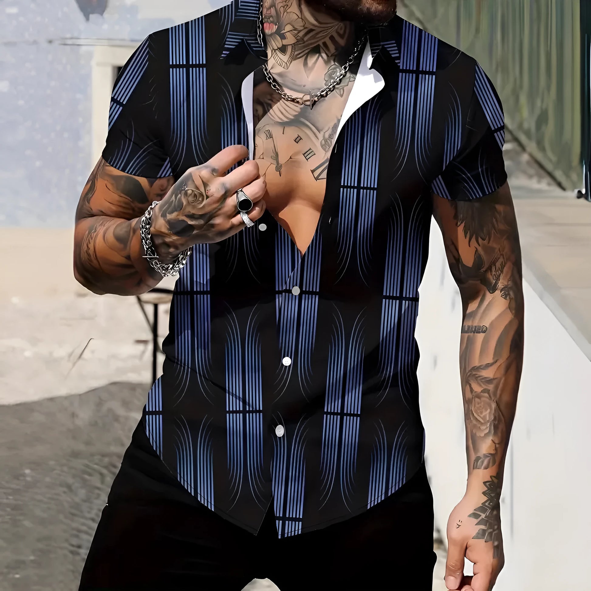 Men's geometric line printed short sleeve shirt with lapel collar in slim fit styling