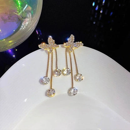 Butterfly Rhinestone Drop Dangle Earrings with Pearl Tassel Chain - Elegant Party Jewellery