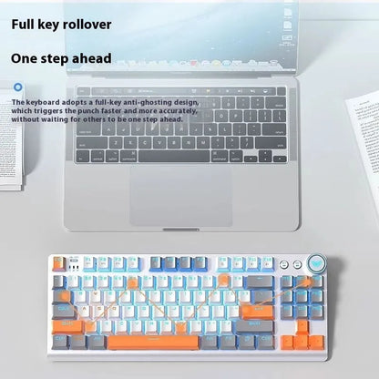 Tarantula tenkeyless wireless mechanical keyboard with side-engraved keycaps on a metal frame, showing ice blue backlighting.