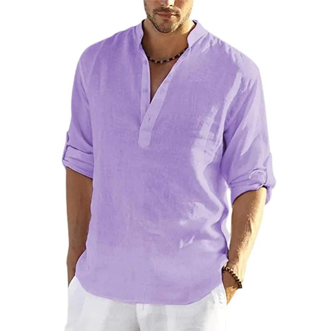 Stylish men's linen shirt with stand collar in various colours and sizes