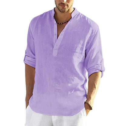 Stylish men's linen shirt with stand collar in various colours and sizes