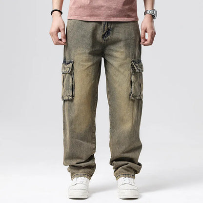 Men's high-waisted loose denim trousers with multiple pockets showing straight leg opening