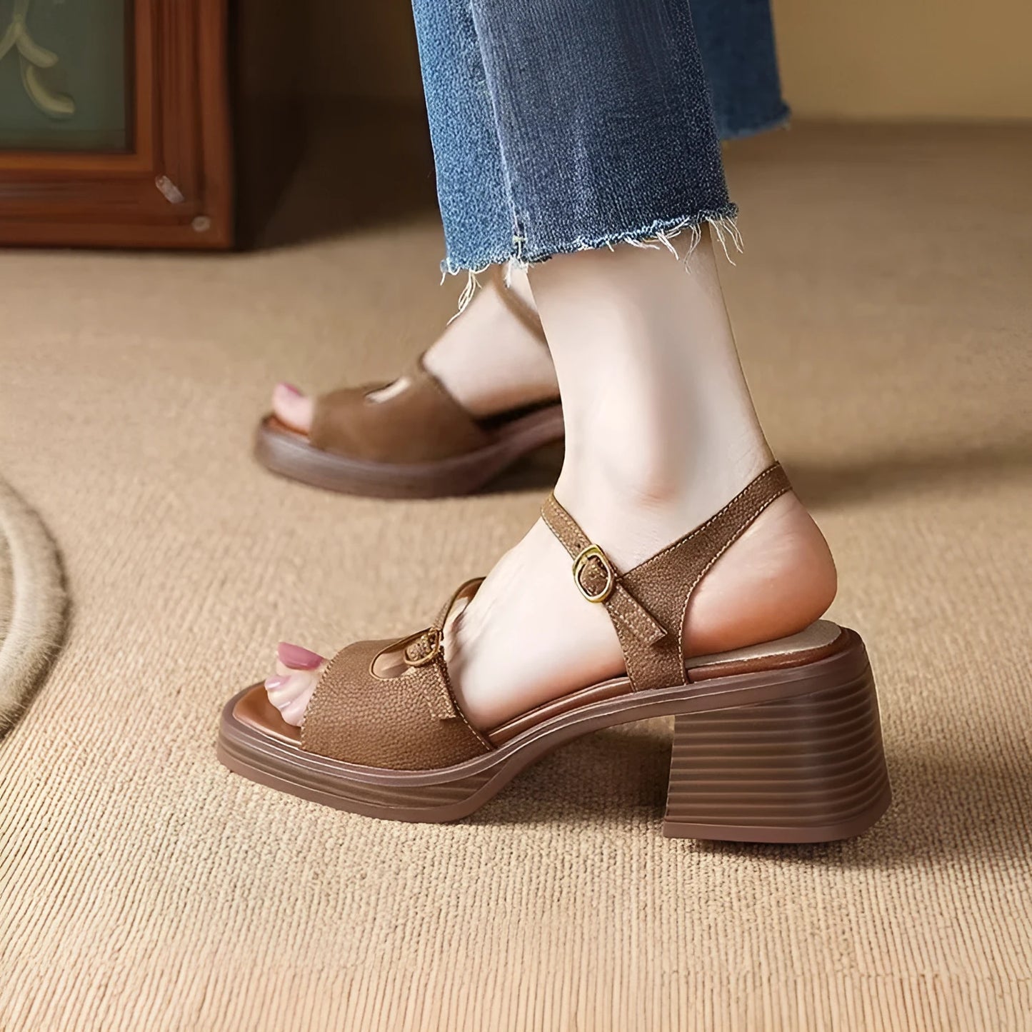 Women's open toe square toe platform sandals in retro style with PU upper and rubber sole