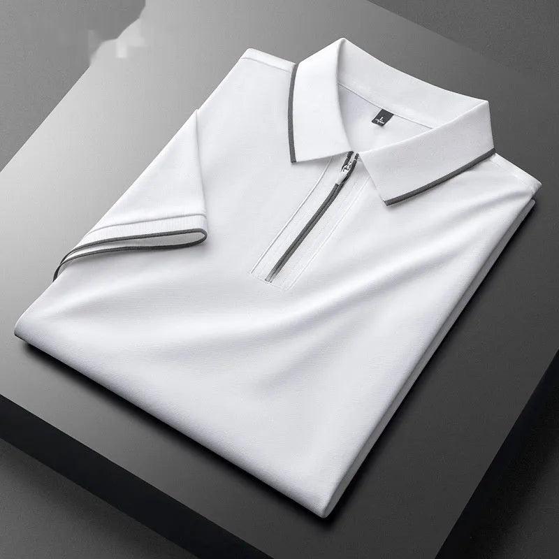 Men's slim fit lapel silk business casual short sleeve top in a cotton blend fabric.