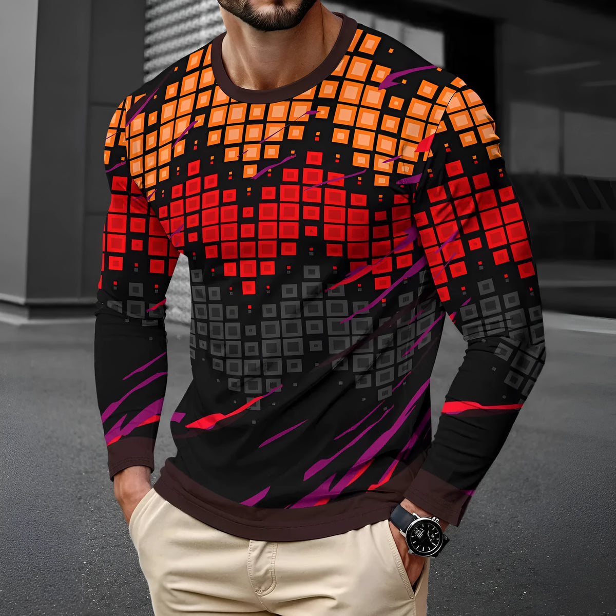 Man wearing a long sleeve milk silk pullover in a round neck, Young Casual style.