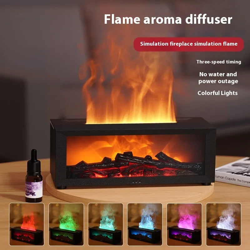 Square black flame essential oil diffuser with glowing 3D fire effect and coloured LED base lights.