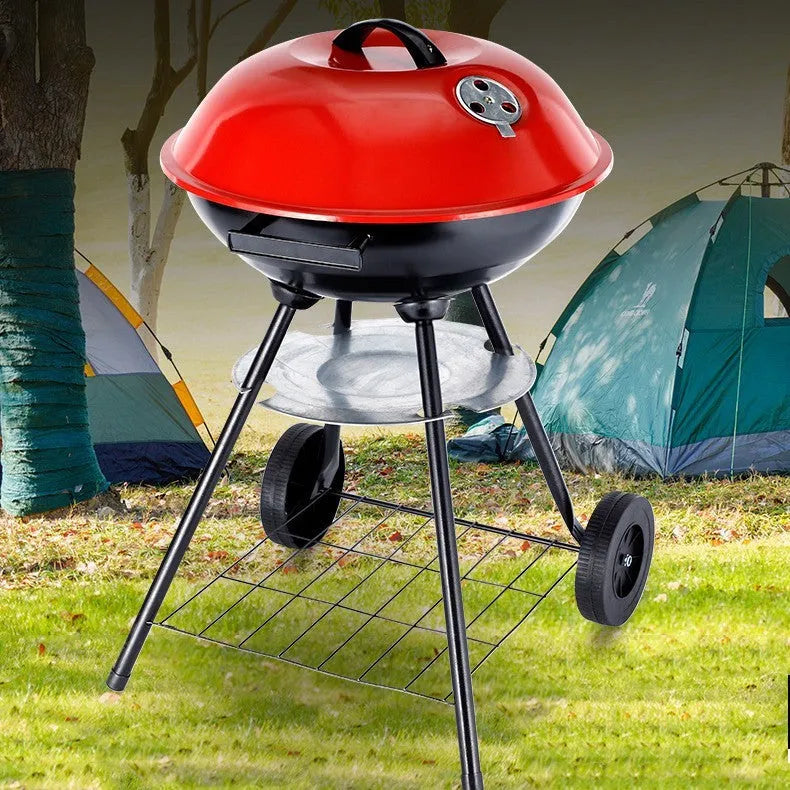 Portable barbecue oven with 14-inch circular cooking surface and iron construction