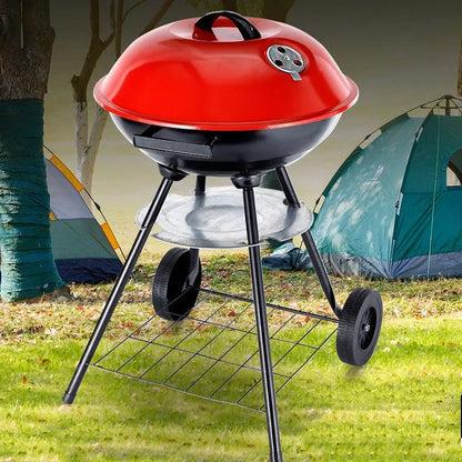 Portable barbecue oven with 14-inch circular cooking surface and iron construction