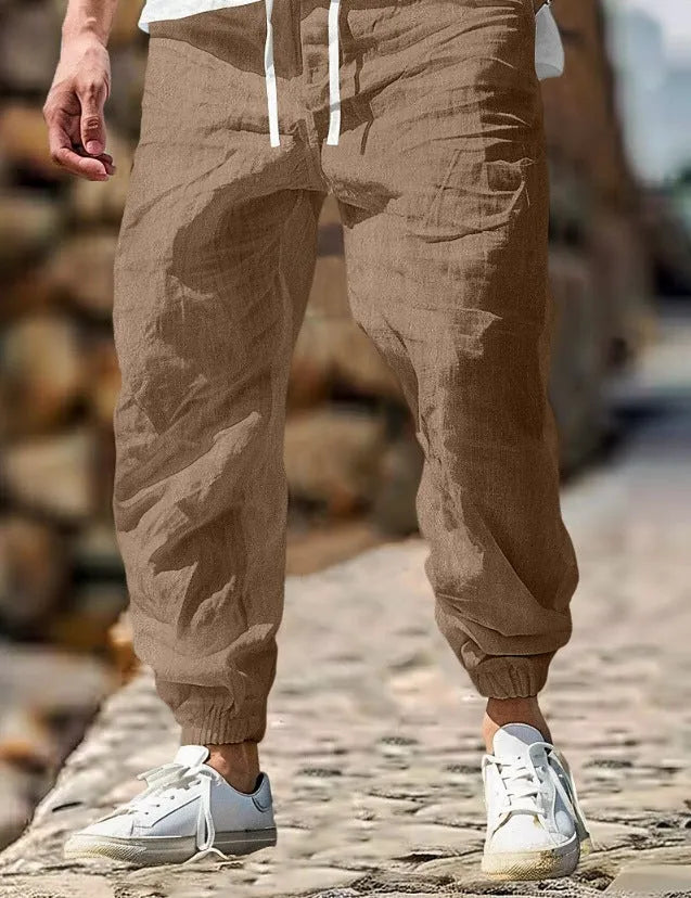 Men's straight-leg cotton trousers with elastic waist in seven colours, sizes S to XXXL for summer wear