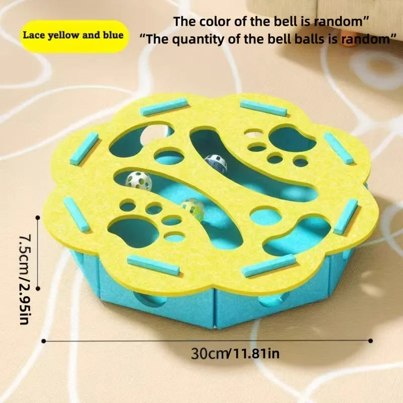 Interactive felt cat puzzle toy with maze tunnel, pathways, and bell ball, available in Circle or Square shape and four colours.
