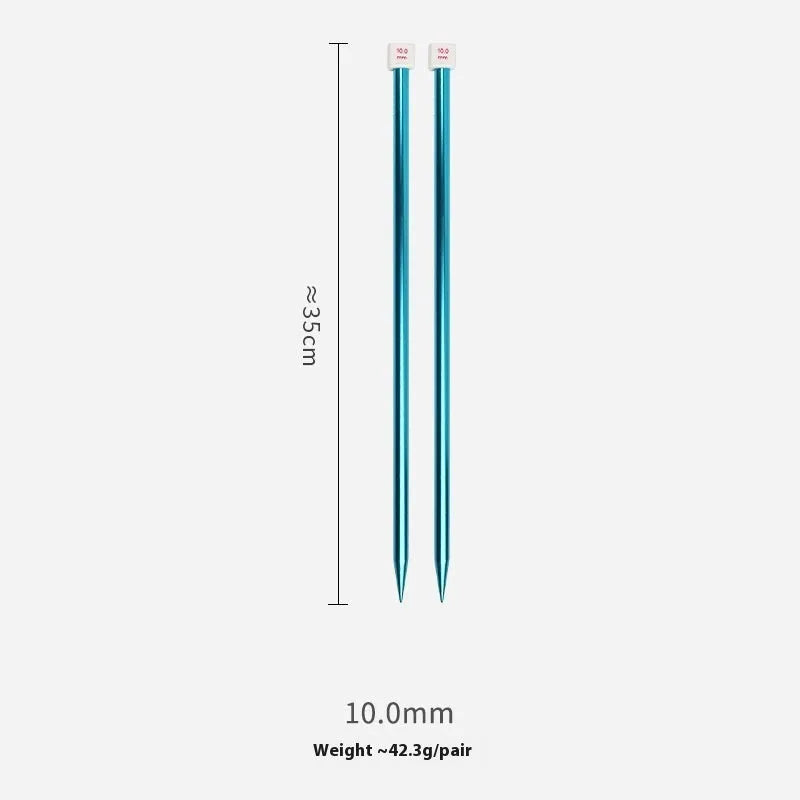 Crochet hook set with 13 sizes from 2.0mm to 10.0mm, each hook has a protective cap, showing lengthened 15cm shafts