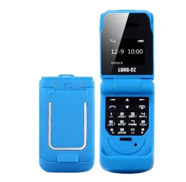 Mini flip mobile phone in gold, shown with flip cover open, on a white background.