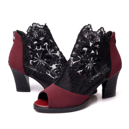 Lucyever women's black gladiator sandals with flower lace, square heel, and peep toe design