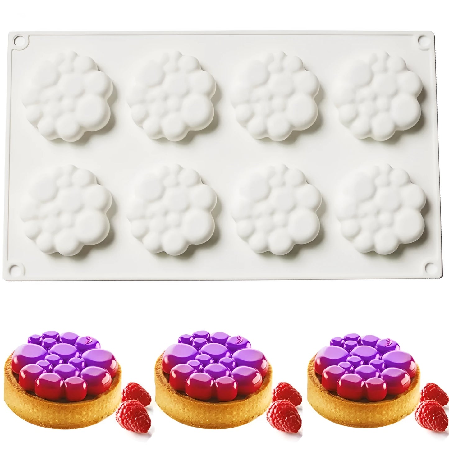 Round silicone cake mould with eight bubble tower pattern design for baking