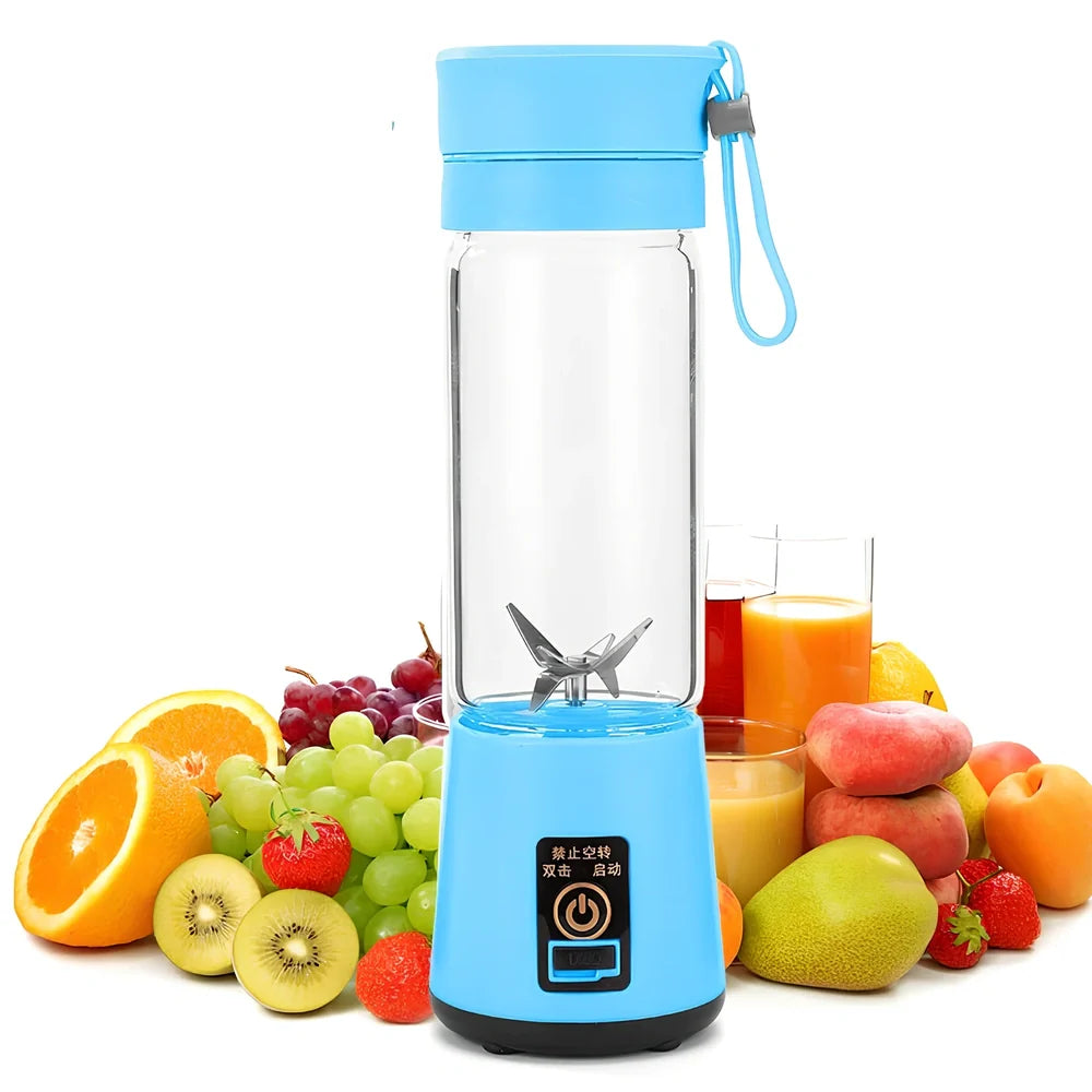 Portable USB rechargeable blender in blue with stainless steel blades, measuring 20 cm tall, for making smoothies.