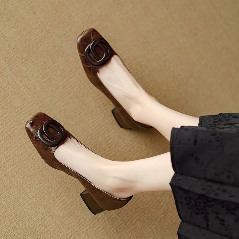 Women's shallow mouth pumps in light brown or black with mid chunky heel, square toe and buckle