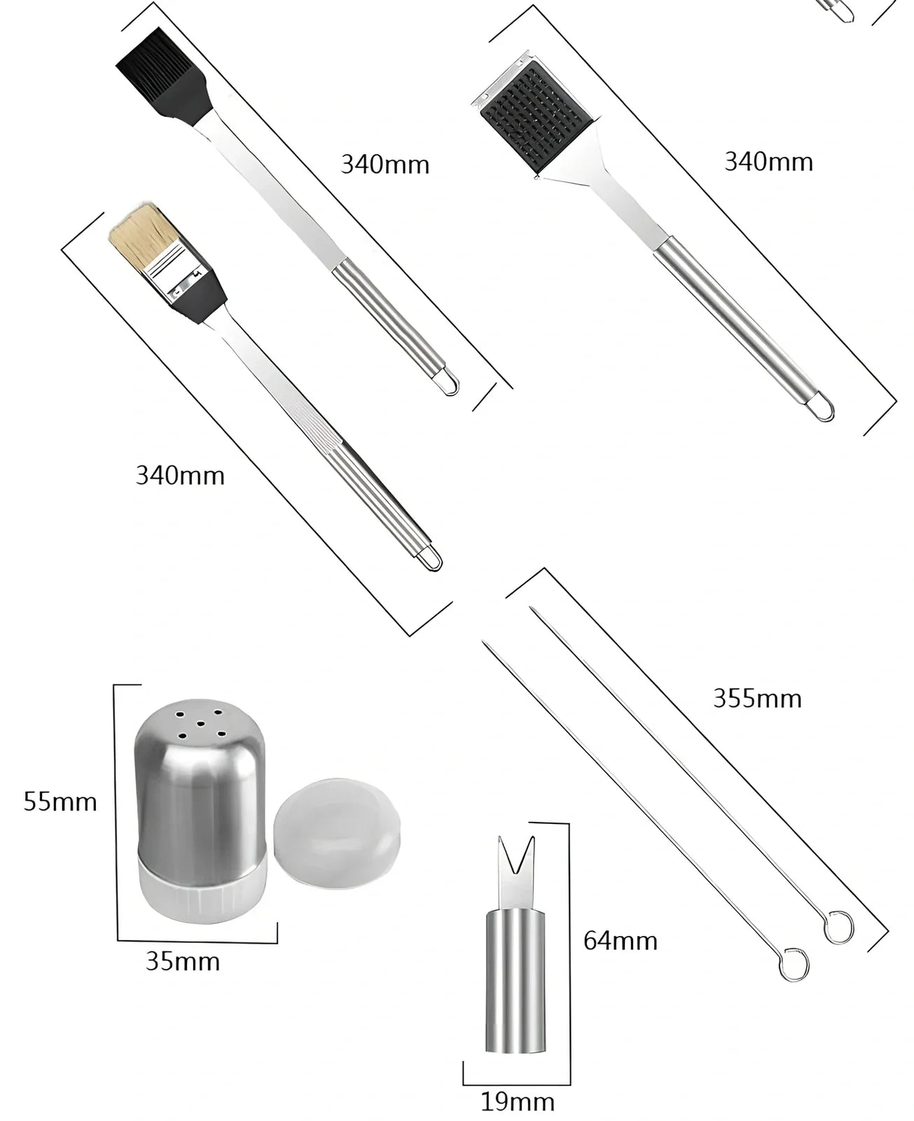 Silver 10-piece stainless steel BBQ tool set with shovel, fork, clip, strings, brush, and tote bag, sized 40x16.5x6cm for outdoor use