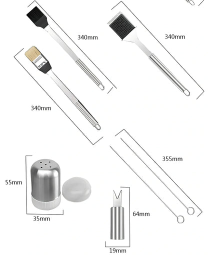 Silver 10-piece stainless steel BBQ tool set with shovel, fork, clip, strings, brush, and tote bag, sized 40x16.5x6cm for outdoor use