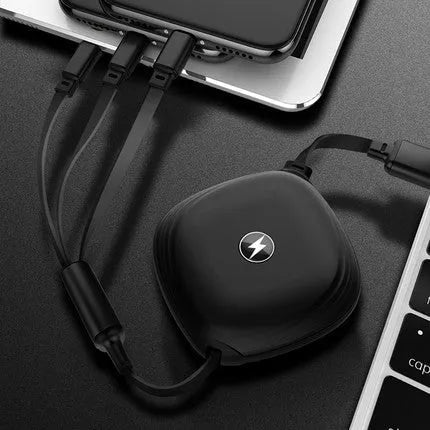 Black telescopic 3-in-1 charging cable with titanium alloy connectors extended on a white background.