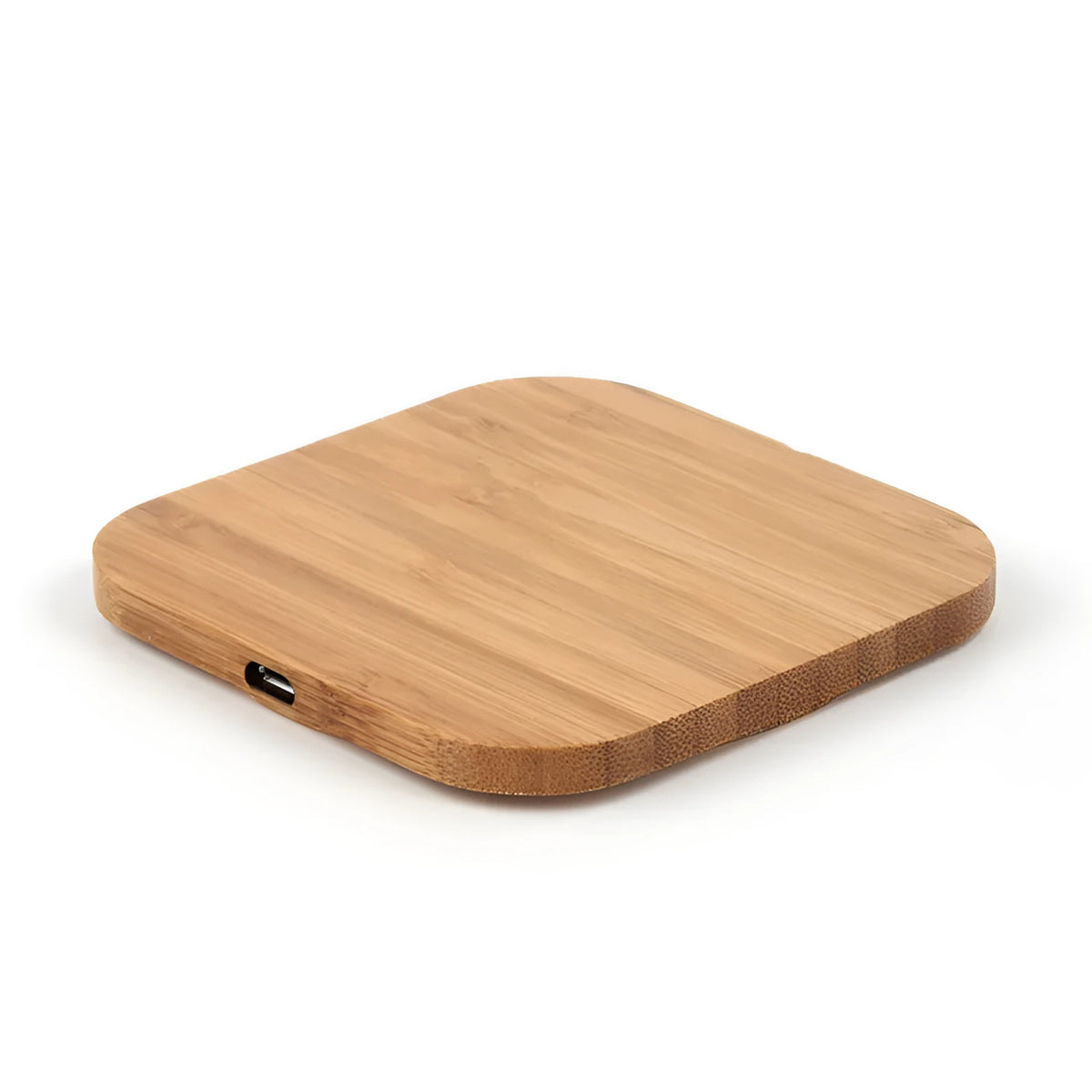 Square wooden bamboo 5W Qi wireless charger on a desk
