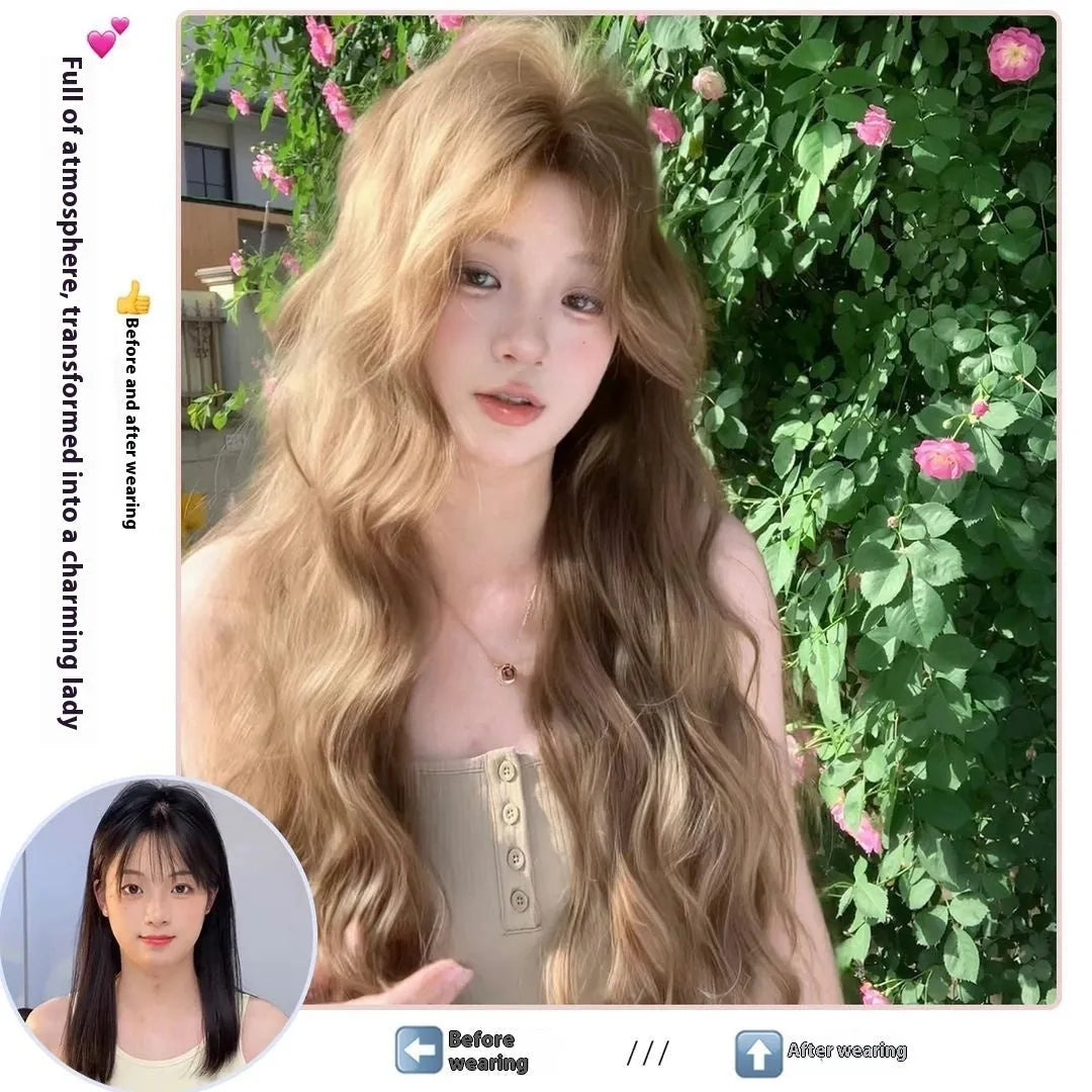 Brown linen medium length curly synthetic wig on display