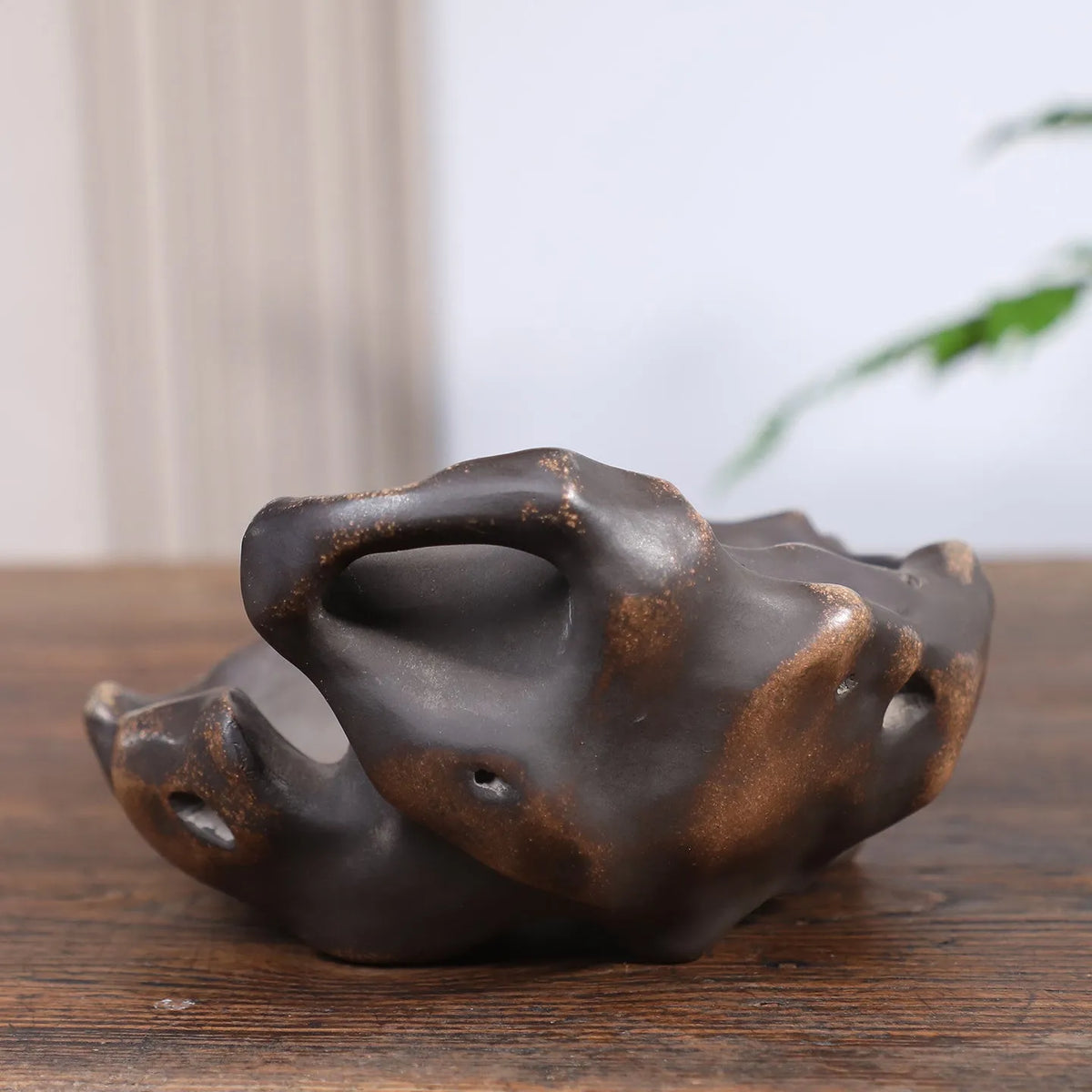 Brown mud ceramic flower pot with Taihu Lake stone shaped form, 21x10x7cm, for desktop bamboo and orchid planting