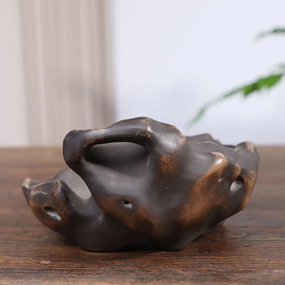 Brown mud ceramic flower pot with Taihu Lake stone shaped form, 21x10x7cm, for desktop bamboo and orchid planting
