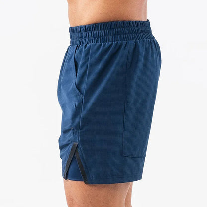 Men's small plaid quick-dry sports shorts in polyester, shown in multiple colours including army green and fluorescent yellow.