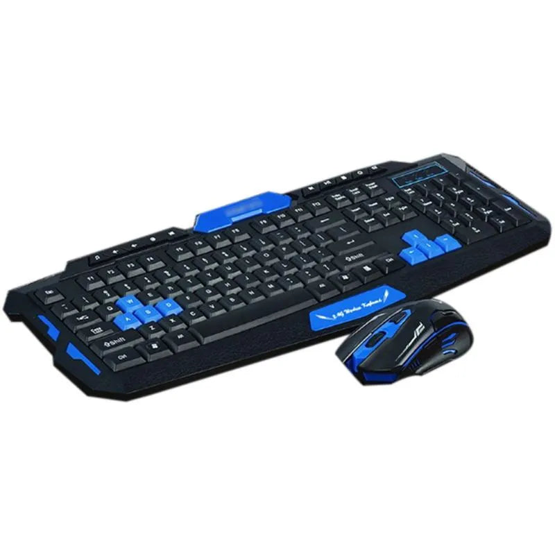 Blue and black wireless keyboard and mouse set on a desk.