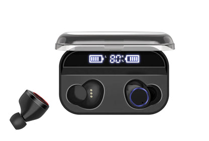 Black X11 true wireless Bluetooth earbuds with touch controls and a matching charging case.