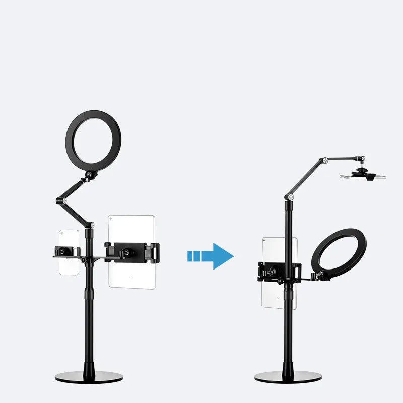 Black aluminium floor stand with USB fill light for mobile phone and tablet live streaming