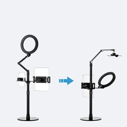 Black aluminium floor stand with USB fill light for mobile phone and tablet live streaming