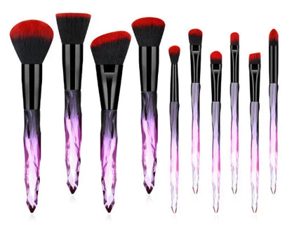 10 clear crystal foundation brushes with diamond shank handles and 4.5cm artificial fibre bristles arranged in set
