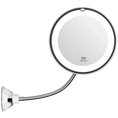 Adjustable gooseneck 10x magnifying makeup mirror with bright LED lights for precision grooming and beauty application