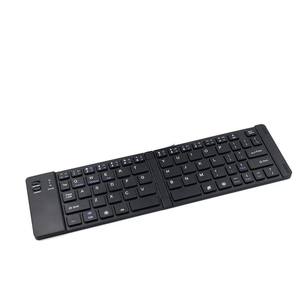 Compact, foldable Bluetooth wireless keyboard with a sleek, minimalist design for use with UK mobile devices
