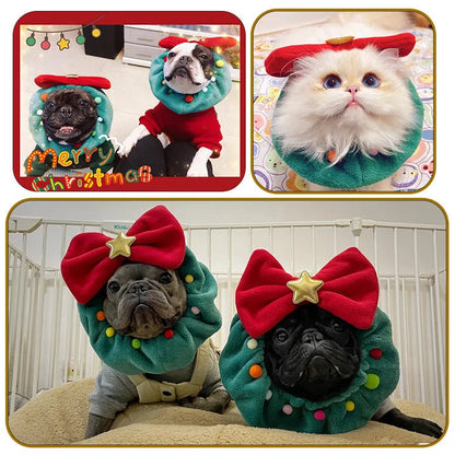 Red bow-knot Christmas pet scarf with colourful fuzzy balls on a dog, showing floral pattern and adjustable fit.