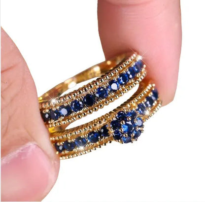 Gold geometric couple ring set with inlaid zircon stones, two-piece unisex design in sizes No 6 to No 10