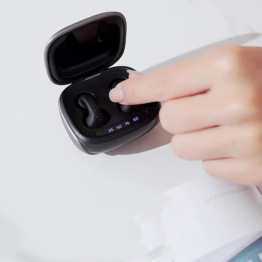 JX80 true wireless bone conduction Bluetooth headset in black colour showing hanging ear design