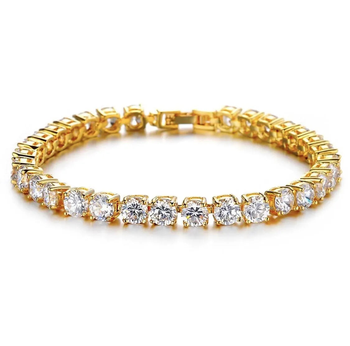 Men's silver alloy link bracelet with a row of clear rhinestones, shown on a wrist.