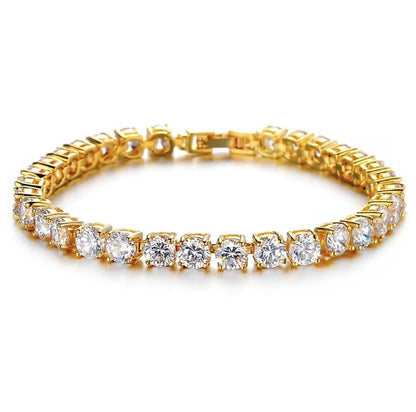 Men's silver alloy link bracelet with a row of clear rhinestones, shown on a wrist.