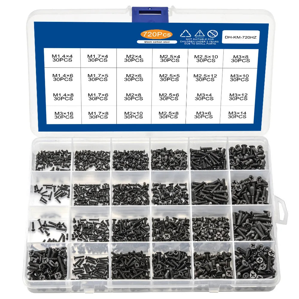 Black laptop machine screws with countersunk cross heads, shown in loose pile and close-up