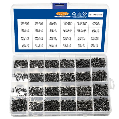 Black laptop machine screws with countersunk cross heads, shown in loose pile and close-up
