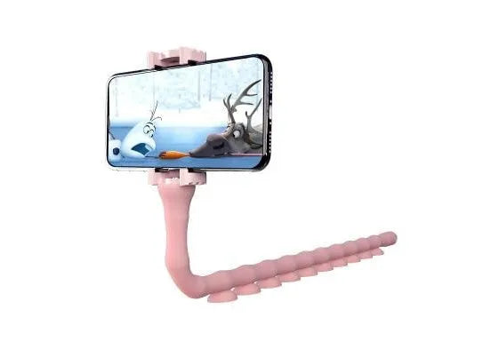 Black flexible rubber phone holder with suction cup bent into an S-shape, holding a mobile phone.